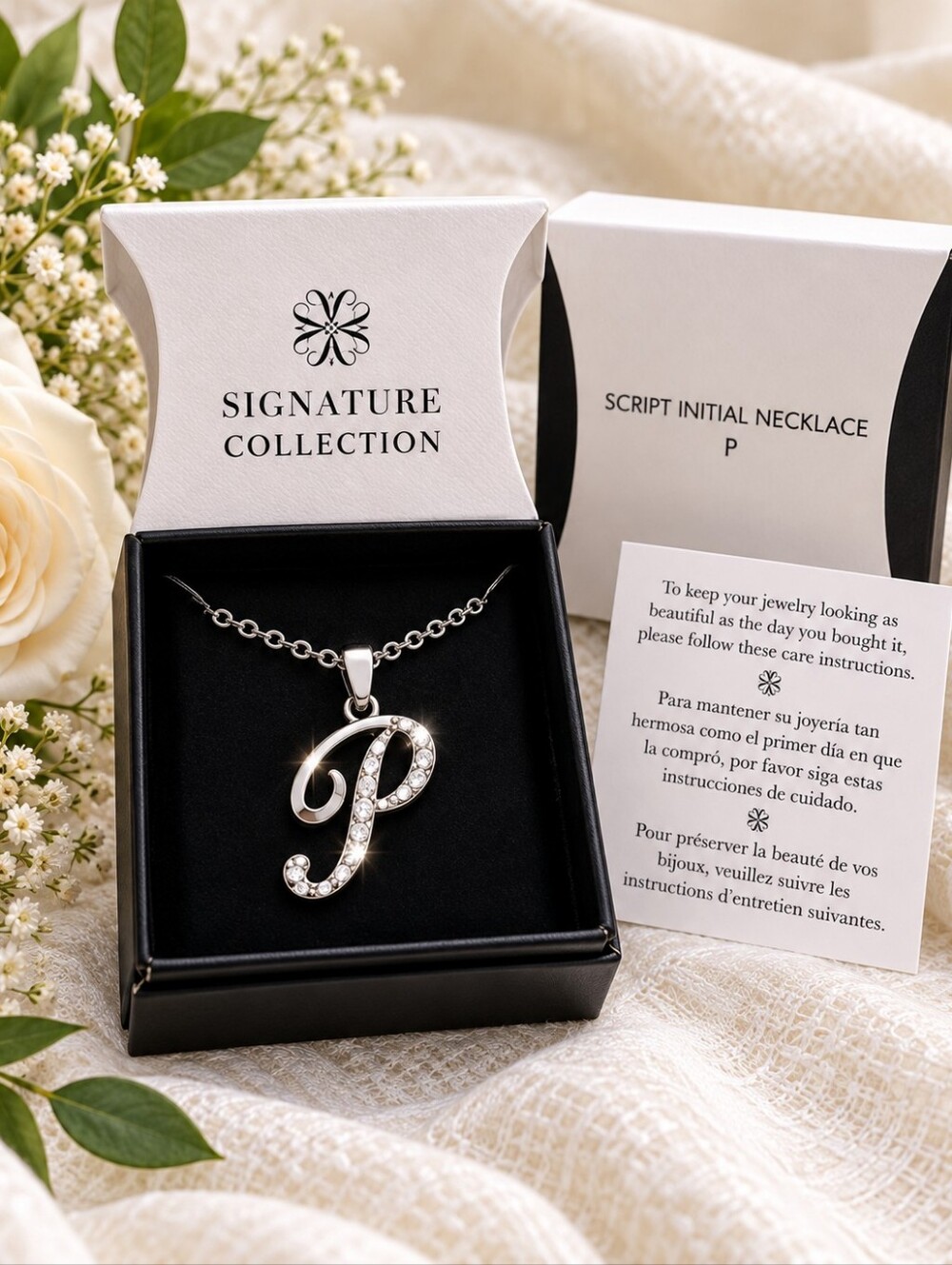 Avon Script Letter P Crystal Initial Pendant Necklace NIB